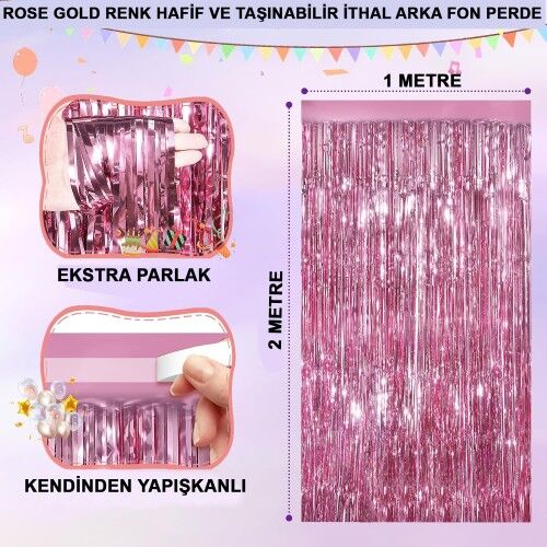 Ekstra Metalize Parlak Saçaklı Arka Fon Perde Rose Gold